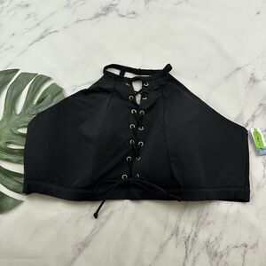 Cacique Lightly Lined No Wire Bikini Swim Top Plus Size 36 New Black Lace Up